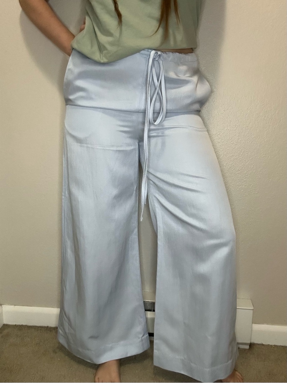 NWT Bondi Born Wide Leg Drawstring Linen Blend Pants Blue Small $395 Retail
